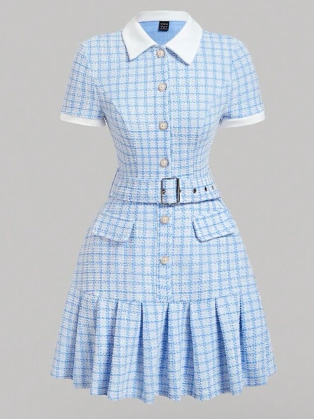 Blue Tweed Belted Short-Sleeve Dress